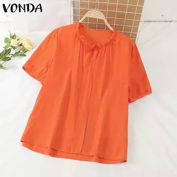 VONDA женская летняя однотонная свободная блузка с воротником-стойкой и коротким рукавом 4XL оранжевый