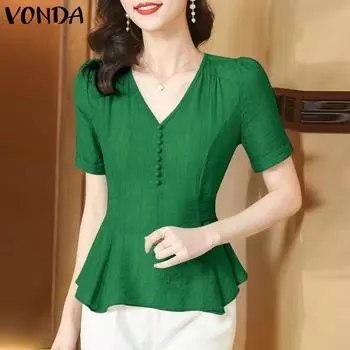 VONDA женская летняя однотонная свободная блузка с v-образным вырезом на пуговицах и короткими рукавами