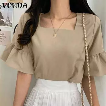 VONDA женская летняя однотонная свободная блузка с квадратным вырезом и рюшами и короткими рукавами