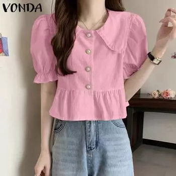 VONDA женская летняя однотонная свободная блузка с воротником-лепестком, маленькая кружевная пышная блузка с короткими рукавами и пуговицами