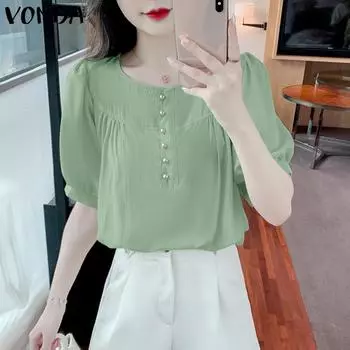 VONDA женская летняя однотонная свободная блузка с круглым вырезом на пуговицах и короткими рукавами