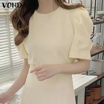 VONDA женская летняя однотонная свободная блузка с круглым вырезом и короткими рукавами