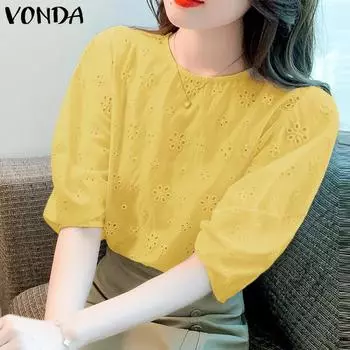 VONDA женская летняя однотонная свободная блузка с круглым вырезом и коротким рукавом с цветочным принтом