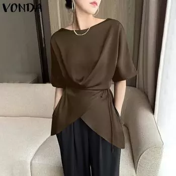 VONDA женская летняя однотонная свободная блузка с круглым вырезом и коротким рукавом с перекрестным галстуком