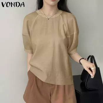 VONDA женская летняя однотонная свободная блузка с круглым вырезом и короткими рукавами