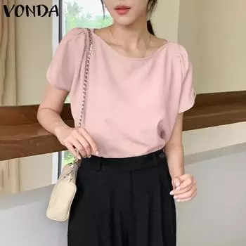VONDA женская летняя однотонная свободная блузка с круглым вырезом и короткими рукавами