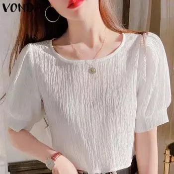 VONDA женская летняя однотонная свободная блузка с круглым вырезом и короткими рукавами