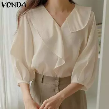 VONDA женская летняя однотонная свободная блузка с v-образным вырезом и рукавами 3/4, рюшами