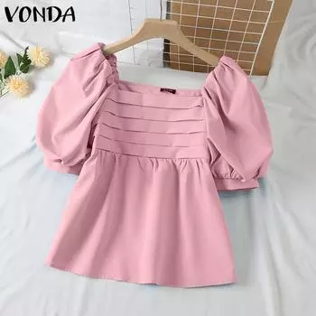 VONDA женская летняя однотонная свободная блузка трапециевидной формы с квадратным вырезом и короткими рукавами