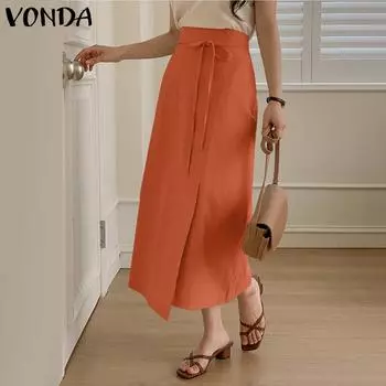 VONDA женская летняя однотонная свободная длинная полуюбка с завязками и разрезами