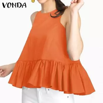 VONDA женская летняя однотонная свободная майка без рукавов с круглым вырезом и рюшами