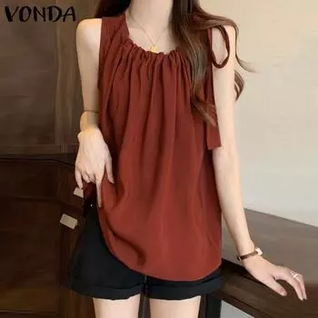 VONDA женская летняя однотонная свободная майка без рукавов с круглым вырезом и галстуком