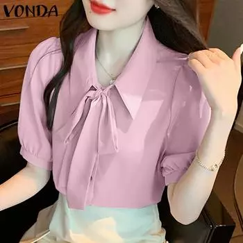 VONDA женская летняя однотонная свободная рубашка с короткими рукавами и бантом с лацканами