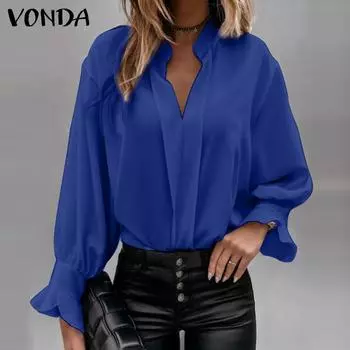 VONDA женская летняя однотонная свободная рубашка с v-образным вырезом и длинными рукавами