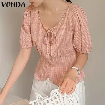 VONDA женская летняя однотонная свободная рубашка в клетку с v-образным вырезом и завязками с короткими рукавами и пуговицами