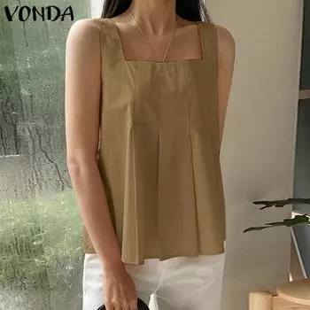 VONDA женская летняя плиссированная без рукавов с квадратным вырезом однотонная свободная майка
