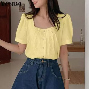 VONDA женская летняя плиссированная накладная блузка с квадратным вырезом и короткими рукавами, однотонная повседневная блузка