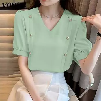 VONDA женская летняя плиссированная однотонная блузка с v-образным вырезом и короткими рукавами и пуговицами
