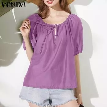 VONDA женская летняя плиссированная однотонная блузка трапециевидной формы с круглым вырезом и короткими рукавами
