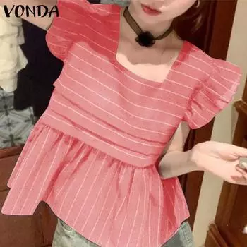 VONDA женская летняя плиссированная однотонная повседневная блузка без рукавов с квадратным вырезом и рюшами в полоску
