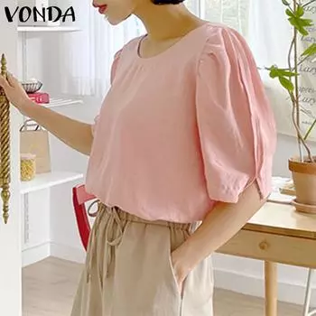VONDA женская летняя плиссированная однотонная повседневная блузка с круглым вырезом и коротким рукавом на пуговицах