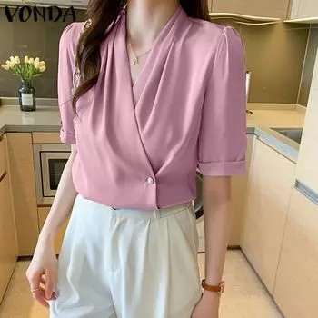 VONDA женская летняя плиссированная однотонная рубашка с v-образным вырезом и короткими рукавами