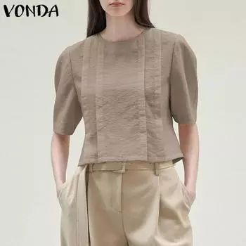 VONDA женская летняя плиссированная однотонная свободная блузка с круглым вырезом и короткими рукавами