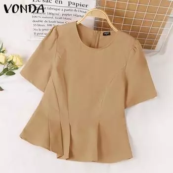 VONDA женская летняя плиссированная однотонная свободная блузка с круглым вырезом и короткими рукавами