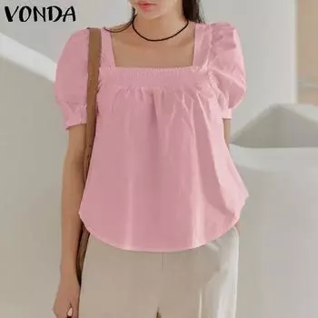 VONDA женская летняя плиссированная однотонная свободная блузка с квадратным вырезом и короткими рукавами