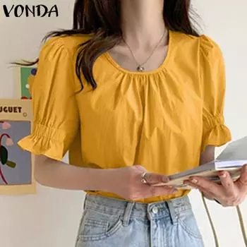 VONDA женская летняя плиссированная однотонная свободная блузка с круглым вырезом и короткими рукавами
