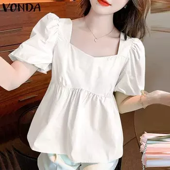 VONDA женская летняя плиссированная однотонная свободная блузка с квадратным вырезом и короткими рукавами