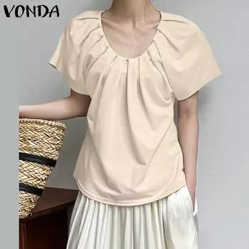 VONDA женская летняя плиссированная однотонная свободная блузка с короткими рукавами и v-образным вырезом S чёрный