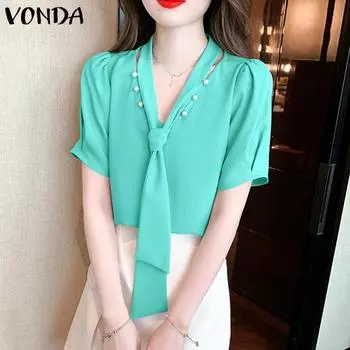 VONDA женская летняя плиссированная однотонная свободная блузка с квадратным вырезом и короткими рукавами