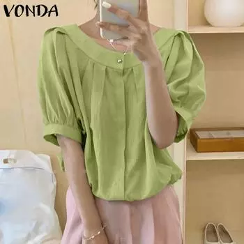 VONDA женская летняя плиссированная однотонная свободная блузка с вырезом лодочкой и короткими рукавами S розовый