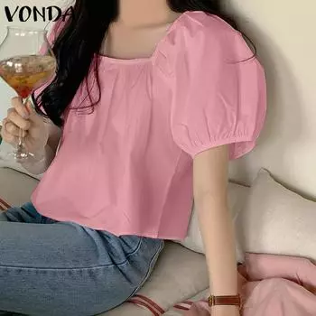 VONDA женская летняя плиссированная однотонная свободная блузка с квадратным вырезом и короткими рукавами