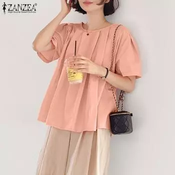 VONDA женская летняя плиссированная однотонная свободная блузка с круглым вырезом и коротким рукавом