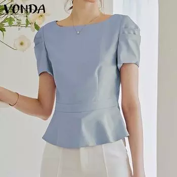 VONDA женская летняя плиссированная однотонная свободная блузка с круглым вырезом и короткими рукавами
