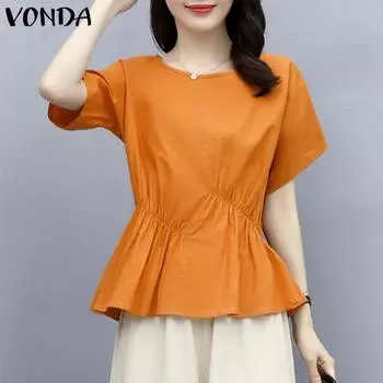 VONDA женская летняя плиссированная однотонная свободная блузка с круглым вырезом и короткими рукавами