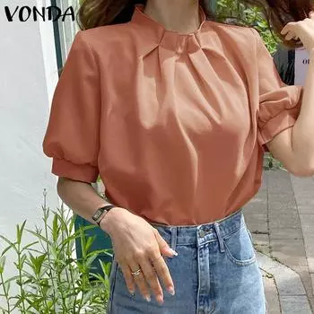 VONDA женская летняя плиссированная однотонная свободная блузка с круглым вырезом и короткими рукавами 4XL оранжевый