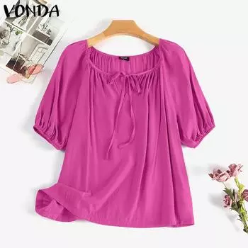 VONDA женская летняя плиссированная однотонная свободная блузка трапециевидной формы с короткими рукавами и круглым вырезом S ярко-розовый