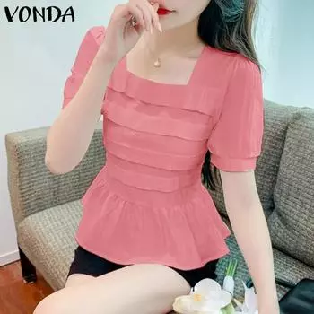 VONDA женская летняя плиссированная однотонная свободная блузка с квадратным вырезом и короткими рукавами