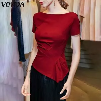 VONDA женская летняя плиссированная однотонная свободная блузка с вырезом лодочкой и короткими рукавами оранжевый