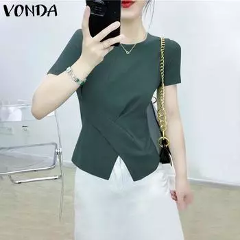VONDA женская летняя плиссированная однотонная свободная блузка с круглым вырезом и короткими рукавами