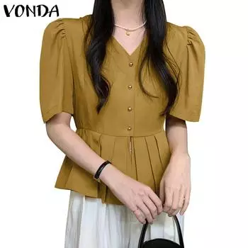 VONDA женская летняя плиссированная однотонная свободная блузка с v-образным вырезом и короткими рукавами и пуговицами