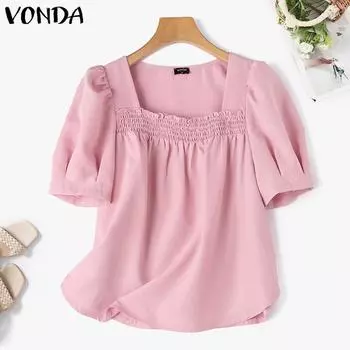 VONDA женская летняя плиссированная однотонная свободная блузка с квадратным вырезом и короткими рукавами