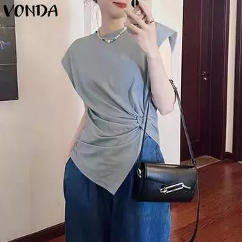 VONDA женская летняя плиссированная однотонная свободная блузка без рукавов с круглым вырезом и нерегулярным подолом 5XL синий