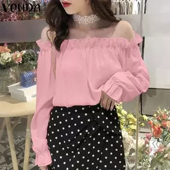VONDA женская летняя плиссированная однотонная свободная блузка на одно плечо с длинными рукавами
