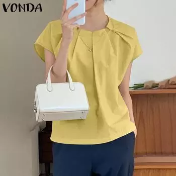 VONDA женская летняя плиссированная однотонная свободная блузка с круглым вырезом и половиной рукавов