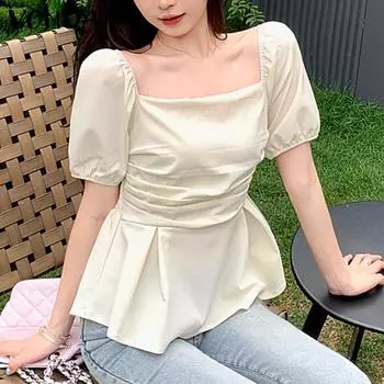 VONDA женская летняя плиссированная однотонная свободная блузка с квадратным вырезом и короткими рукавами