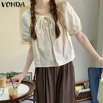 VONDA женская летняя плиссированная однотонная свободная накидка с квадратным вырезом и короткими рукавами и ремешком